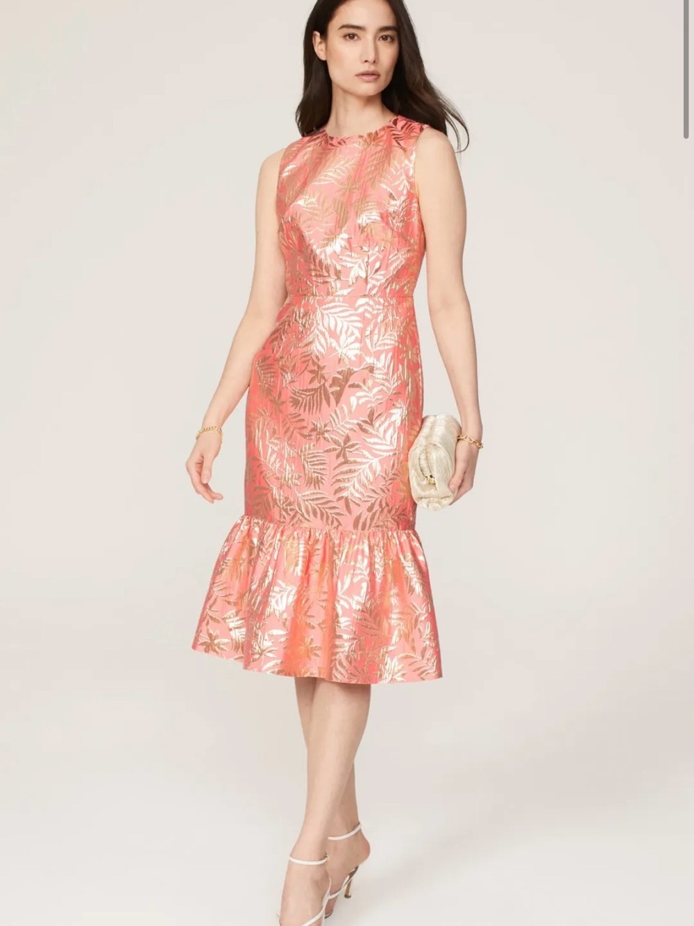 kate spade Coral Metallic Leaf-Print Flounce-Hem Midi Dress - NWT Size 2